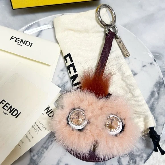 Authentic Fendi Crystal Eye Monster Mink & Rabbit Fur Compact Mirror Bag Charm - Picture 2 of 14